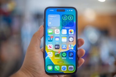 Calgary, AB, Kanada. Sep 14, 2024. iPhone 15 Plus 'ı tutan bir el, özelleştirilmiş bir ev ekranını gösteren siyah modern akıllı telefon, hava durumu da dahil olmak üzere çeşitli uygulama simgeleri ve gereçlerini gösteren.