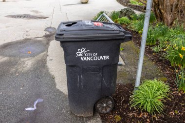 Vancouver, British Columbia, Kanada. 7 Ekim 2024. Vancouver şehrinin çöp tenekesi yeşil ve nergislerle çevrili, doğa ile şehir yaşamını harmanlayan asfalt bir yola yerleştirilmiştir..