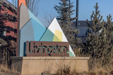 Calgary, Alberta, Kanada. 26 Ocak 2025. Calgary şehrinin kuzeybatısında bir Livingston hoş geldin tabelası..