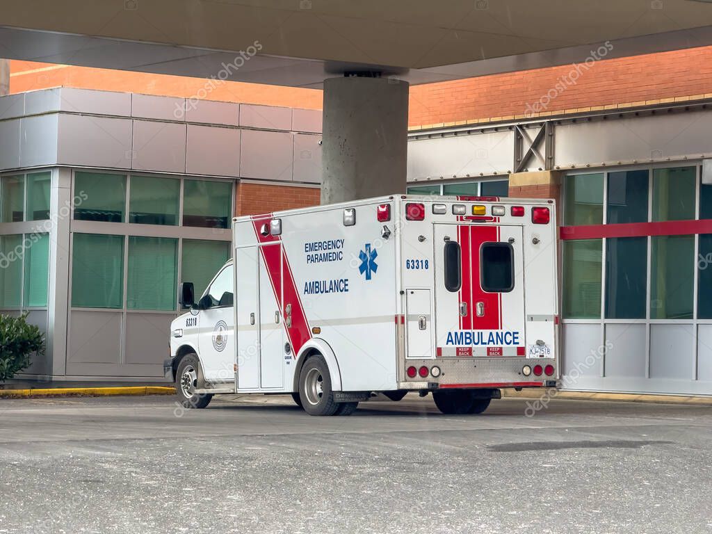 Victoria, British Columbia, Canada. Feb 11, 2025. An emergency paramedic ambulance is parked outside the Royal Jubilee Hospital's Emergency Department in Victoria, BC, Canada.