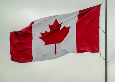 Calgary, Alberta, Kanada. 31 Aralık 2025. Bir Kanada bayrağı bulutlu bir gökyüzüne karşı direkte dalgalanıyor ve ikonik kırmızı akçaağaç yaprağı dizaynını sergiliyor. Ulusal gurur ve kimliğin sembolü..