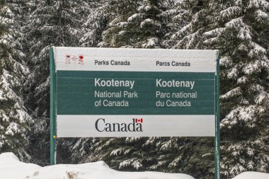 Kootenay, British Columbia, Kanada. 31 Aralık 2025. Kootenay Ulusal Parkı için Kanada 'nın iki dilli bir parkı tabelası karla kaplı her yemyeşil alanların arasında duruyor ve bu da Kanada' nın doğal manzarasının girişini gösteriyor..