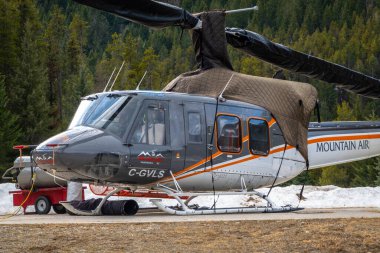 Radyum, British Columbia, Kanada. 31 Aralık 2025. C-GVLS plakalı gri ve beyaz bir Mountain Air helikopteri, rotor merkezine koruyucu bir örtü içeren kar bantlı bir pistte oturuyor..