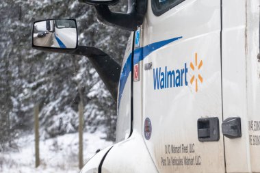 Banff, Alberta, Kanada. 5 Nisan 2025. Beyaz bir Walmart kamyoneti logosunu ve filo detaylarını gösteriyor. Yan aynada karla kaplı ağaçlar görülebilir. Bu da kış ayarı olduğunu gösteriyor..