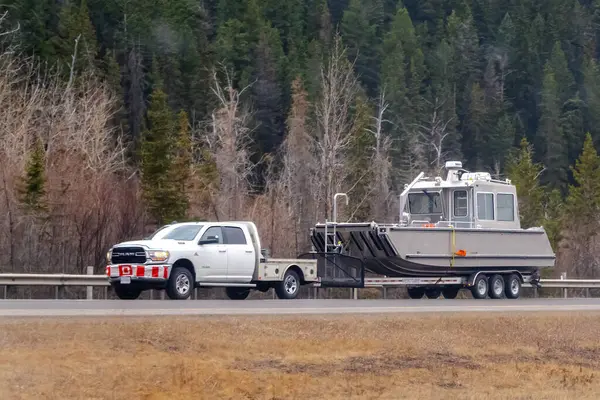 Calgary, Alberta, Kanada. 5 Nisan 2025. Beyaz bir Dodge Ram kamyonu, ormanlık zemini olan bir karayolu boyunca bir karavanda büyük, gri bir tekneyi çeker..