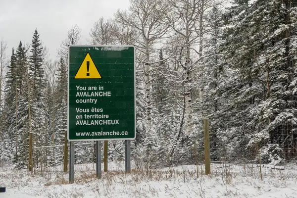 Calgary, Alberta, Kanada. 4 Nisan 2025. İngilizce ve Fransızcada iki dilde çığ uyarısı var. Karlı, ormanlık bir dağ bölgesinde yol kenarında durup yolcuları tehlikeye karşı uyarır..