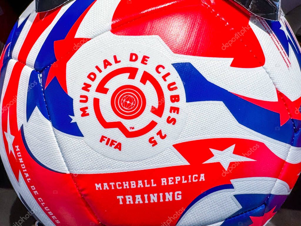 Calgary, Alberta, Canada. Apr 10, 2025. Close-up of the Adidas FIFA Club World Cup 2025 match ball with a dynamic red, white, and blue pattern and official logos. Football, soccer ball.