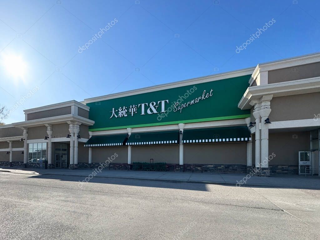 Calgary, Alberta, Canada. Apr 16, 2025. A wide exterior shot of a T and T Supermarket under a clear blue sky showcases its green and beige facade with Chinese and English signage.