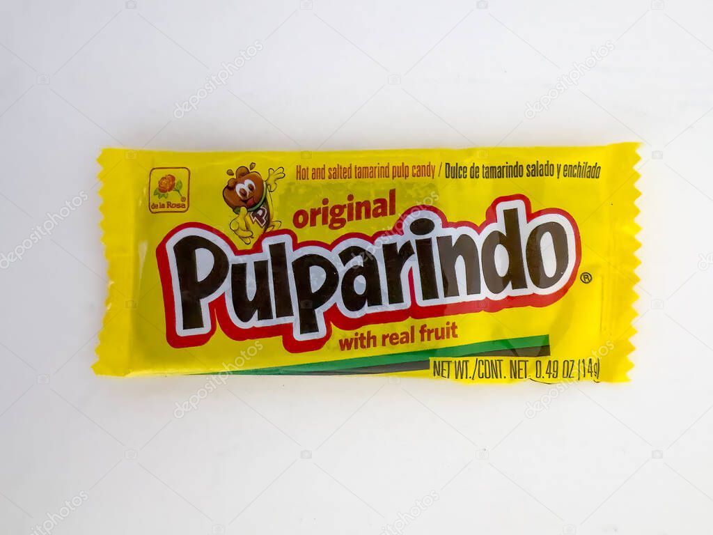 Calgary, Alberta, Canada. Apr 18, 2025. A package of Pulparindo candy. It's a hot and salted tamarind pulp candy, as indicated on the yellow wrapper.