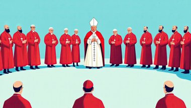 Resimde, bir grup Katolik din adamının, kardinallerin, beyaz bir Papa 'nın seçtiği yeni Papa' nın atmosferini anımsattığı bir çember içinde toplandığı resmedilmiş..