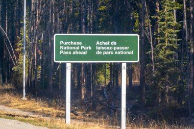 Jasper, Alberta, Kanada. 4 Mayıs 2025. Yeşil iki dilli bir tabelada 