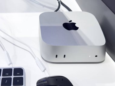 Calgary, Alberta, Kanada. 4 Mayıs 2025. Siyah Apple logosu olan gümüş renkli bir Mac Mini bilgisayar. Bir klavye ve fare.