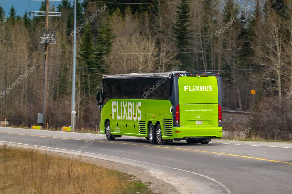 Canmore, Alberta, Canada. May 5, 2025. A lime green and black FlixBus travels on a paved road. The company's name is prominently displayed on the side and rear of the vehicle.