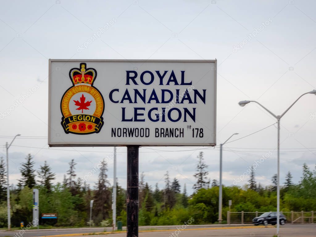 Edmonton, Alberta, Canada. May 21, 2025. A prominent Royal Canadian Legion sign, proudly displaying its emblem, stands as a clear tribute to veterans and community service.