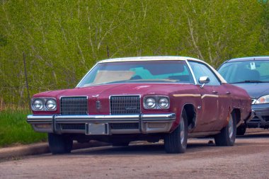 Edmonton, Alberta, Kanada. 24 Mayıs 2025. Beyaz çatılı eski bir bordo model Oldsmobile Delta 88 Royale, arka planda yeşil ağaçlarla yol kenarına park edilmiştir..