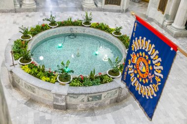 Edmonton, Alberta, Kanada. 31 Mayıs 2025. Alberta Legislature Binası 'nın süslü fıskiyesine yakın plan, bereketli bitkilerle süslenmiş ve Alberta' nın gururunu sembolize eden canlı bir taşra bayrağının yer aldığı.