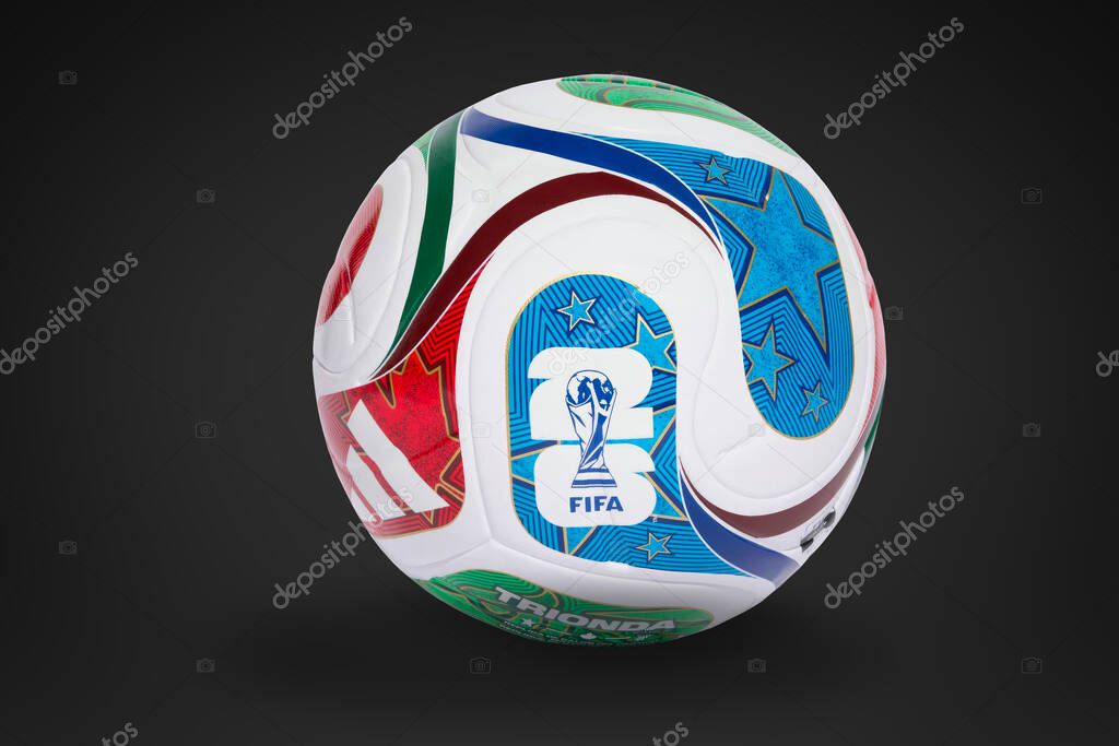 Calgary, Alberta, Canada. Oct 2, 2025. A detailed studio shot of a white, blue, red, and green FIFA World Cup Trionda soccer ball.