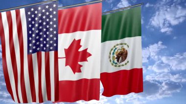 ABD, Kanada ve Meksika bayrakları birlikte dalgalanır, Kuzey Amerika ittifakı, ticaret ve diplomasiyi temsil eder.