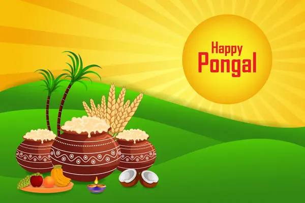 Lätt Att Redigera Vektor Illustration Happy Pongal Festival Tamil Nadu Royaltyfria Stockvektorer