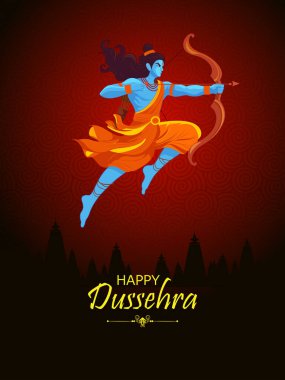 Rama 'nın Ravana' yı öldürüşünün vektör illüstrasyonunu düzenlemek kolay. Mutlu Dussehra arka planı Hindistan festivalini gösteriyor.