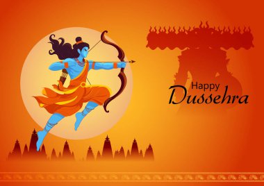 Rama 'nın Ravana' yı öldürüşünün vektör illüstrasyonunu düzenlemek kolay. Mutlu Dussehra arka planı Hindistan festivalini gösteriyor.