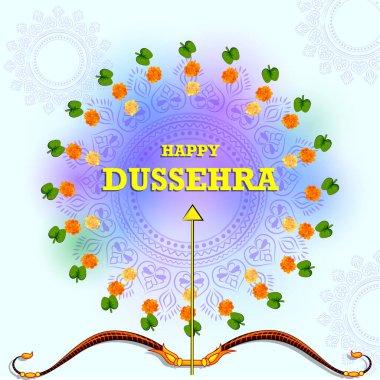 Hindistan festivalini gösteren Mutlu Dussehra arka planında Lord Rama 'nın yay ve okunun vektör çizimini düzenlemek kolay