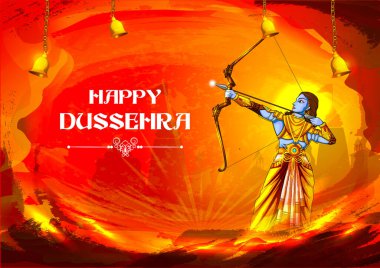 Rama 'nın Ravana' yı öldürüşünün vektör illüstrasyonunu düzenlemek kolay. Mutlu Dussehra arka planı Hindistan festivalini gösteriyor.