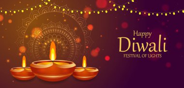 Hindistan 'daki Mutlu Diwali bayramı Hint festivali için dekore edilmiş diya' nın vektör illüstrasyonunu düzenlemek kolay
