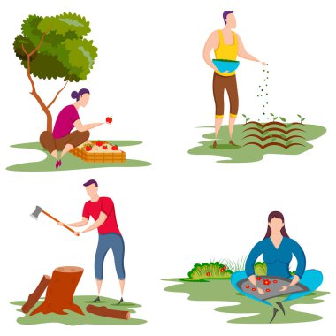 Kırsal alanda tarım ve tarım yapan işçilerin vektör illüstrasyonunu düzenlemek kolay