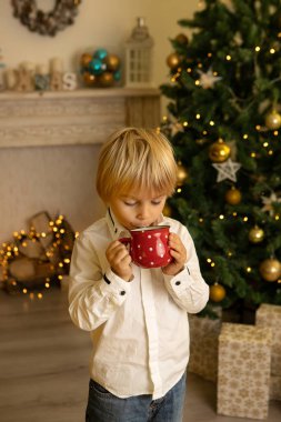 Sevimli çocuk, oğlum, Noel için süslü bir odada oynuyor, rahat bir yerde.