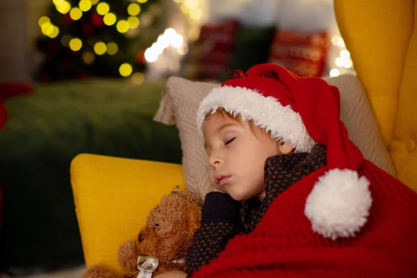 Cute Child Boy Sleeping Yellow Armchair Decorated Room Christmas Cozy — Stock Photo, Image