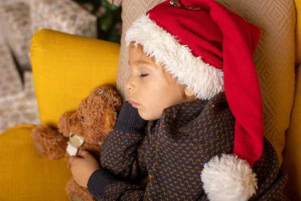 Cute Child Boy Sleeping Yellow Armchair Decorated Room Christmas Cozy — Stock Photo, Image