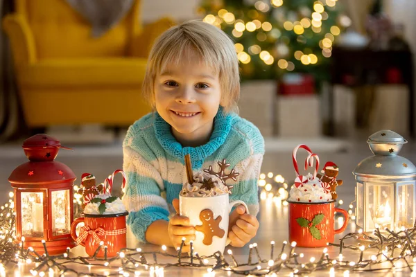 Cute Child Boy Sitting Yellow Armchair Decorated Room Christmas Cozy — Stock Photo, Image
