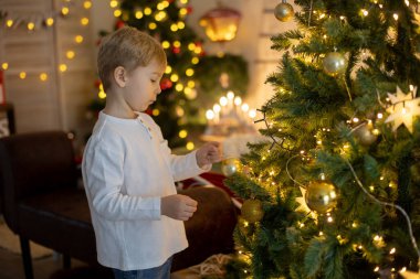 Sevimli anaokulu çocuğu, evcil köpeği olan sarışın çocuk, evdeki süslü Noel odasında oynuyor.