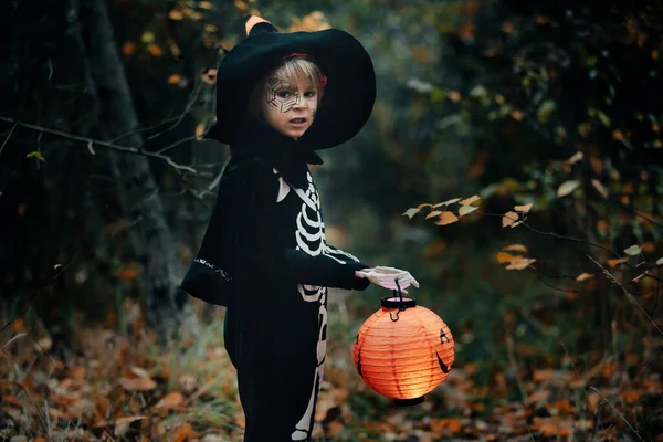 Bambino Età Prescolare Con Costume Halloween Lanterna Jack Una Foresta — Foto Stock