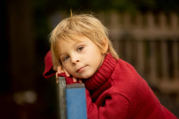 Осенний Портрет Милого Блондинистого Ребенка Парке Улыбающегося Осеннего — стоковое фото