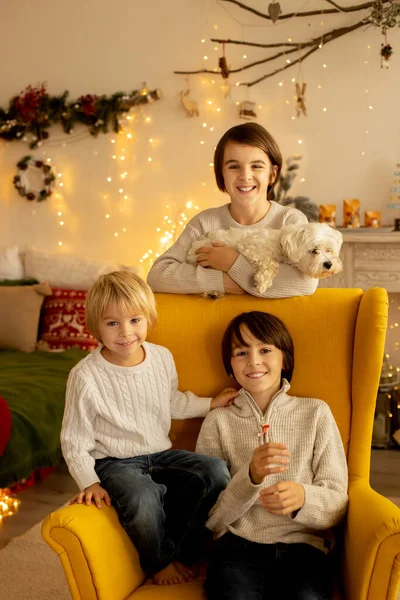 Happy Family Three Kids Dog Sitting Home Christmas Cozy Atmosphere — Stock fotografie