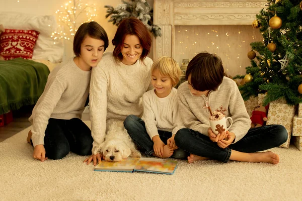 Matka Třemi Dětmi Psem Sedí Doma Vánocích Útulná Atmosféra Vánoční — Stock fotografie