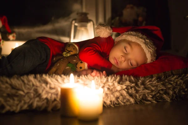 Beautiful Toddler Child Boy Sleeping Christmas Eve Waiting Santa Claus — Stock Photo, Image