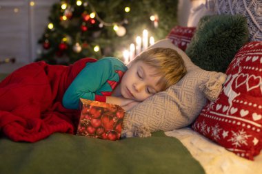Sevimli anaokulu çocuğu, evcil köpeği olan sarışın çocuk, evde hediyeleri açıyor, evde süslenmiş Noel odası.