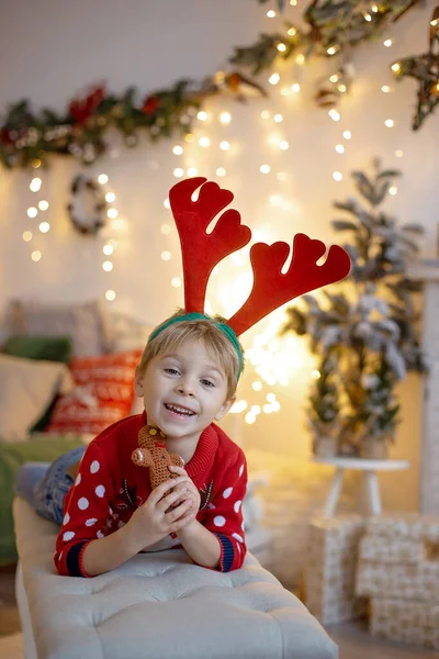 Cute preschool child, blond boy with pet dog, playing in decorated Christmas room at home
