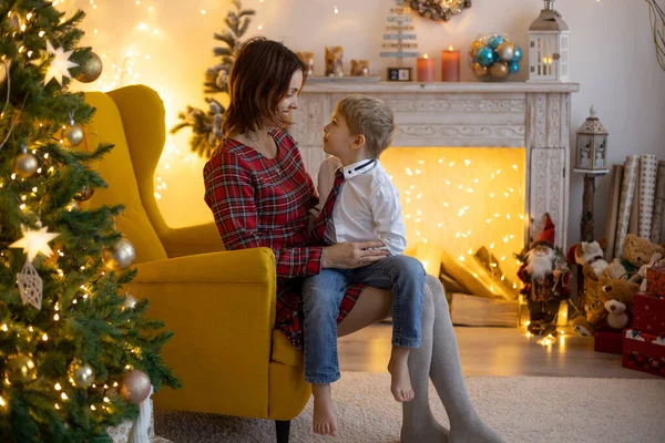 Mom Child Cute Blond Boy Sitting Home Cozy Armchair Enjoying — Stock Photo, Image