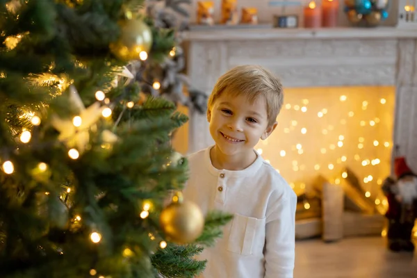 Cute Dziecka Wieku Przedszkolnym Blond Chłopiec Psem Gra Urządzone Christmas — Zdjęcie stockowe