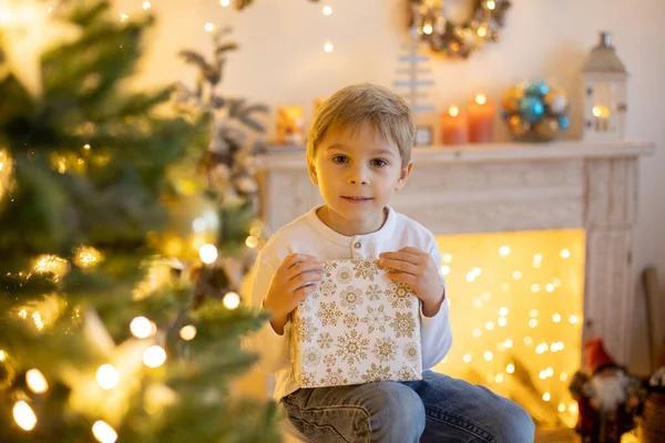 Cute preschool child, blond boy with pet dog, playing in decorated Christmas room at home