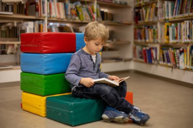 Adorable little child, boy, sitting in library, reading book and choosing what to lend, kid in book store