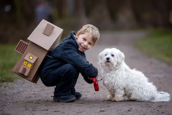 Little Child Blond Boy Pet Dog Carying Home His Back —  Fotos de Stock