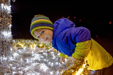 Cute child, boy, watching at lights in light show park, closeup