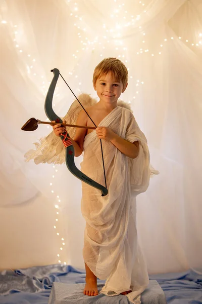 Little Cupid Toddle Boy Holding Bow Arrow Beautiful Blond Cherub — Zdjęcie stockowe