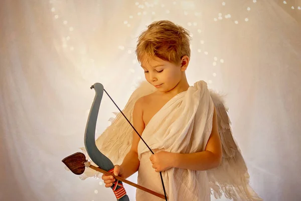 Little Cupid Toddle Boy Holding Bow Arrow Beautiful Blond Cherub — Stock fotografie