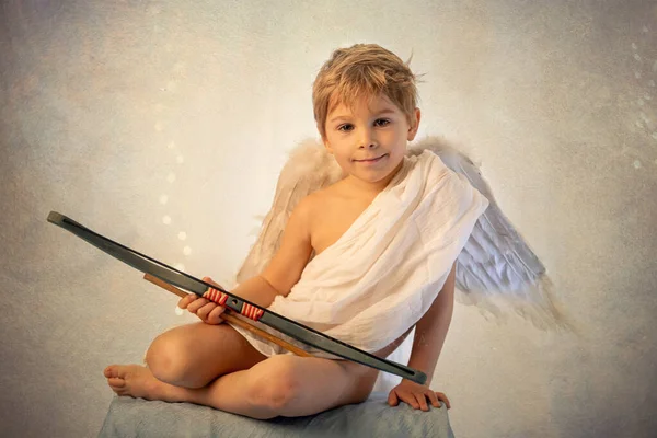 Little Cupid Toddle Boy Holding Bow Arrow Beautiful Blond Cherub — Fotografia de Stock